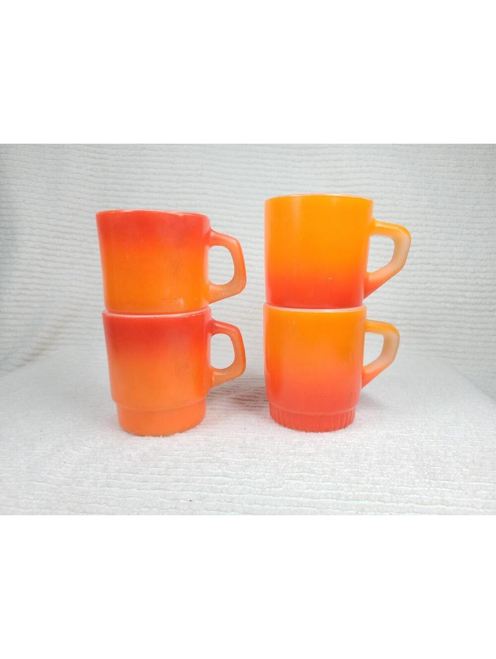 Vtg 60s Fire King Red To Orange Milk Glass Mug 4 Set Of Two Pairs Retro Kitchen